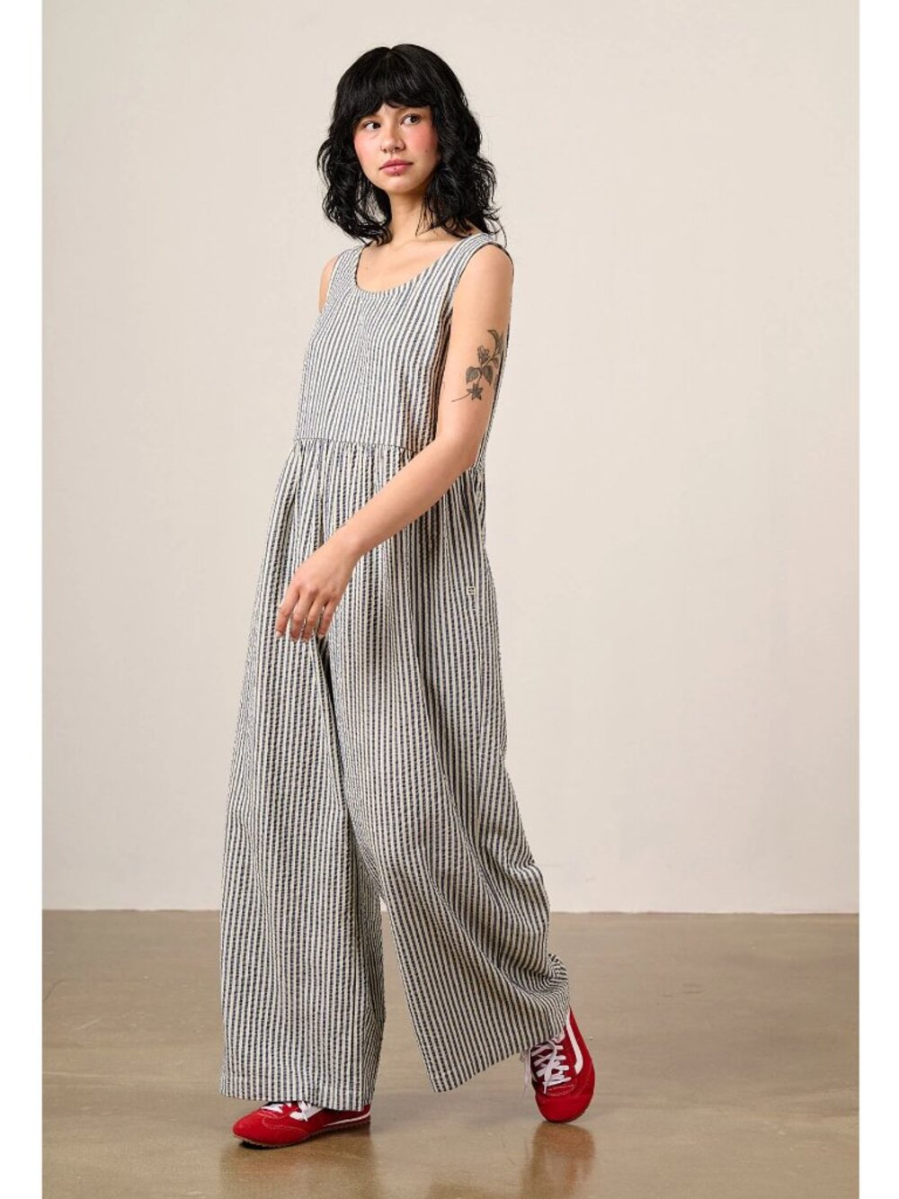 Lucy & Yak Bellamy Wide Leg Jumpsuit — Seersucker Blue & White Striped Cotton